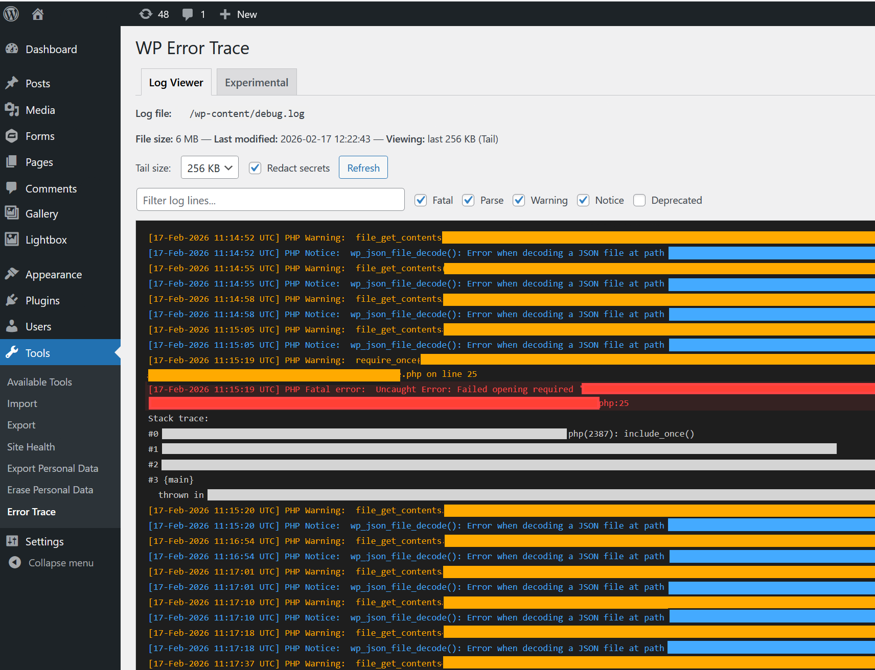 WP Error Trace admin panel showing the debug log viewer with error highlighting and filtering options
